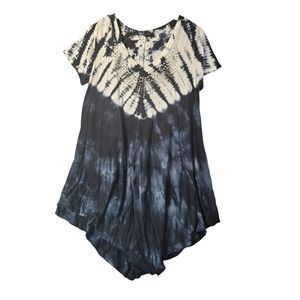 BLEU Womens Tie Dye Embellished Tunic Top M Black White Boho Festival Summer